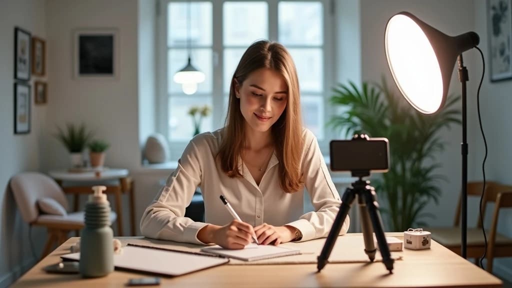 AI UGC creator example filming product content at a creator desk